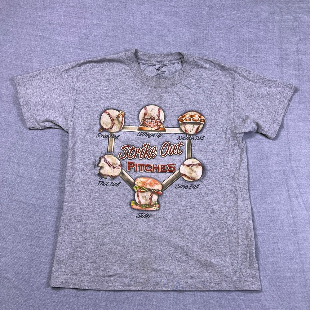 Baseball Strike Out Pitches Boys Heather Gray Crew T-Shirt Size L(14-16)